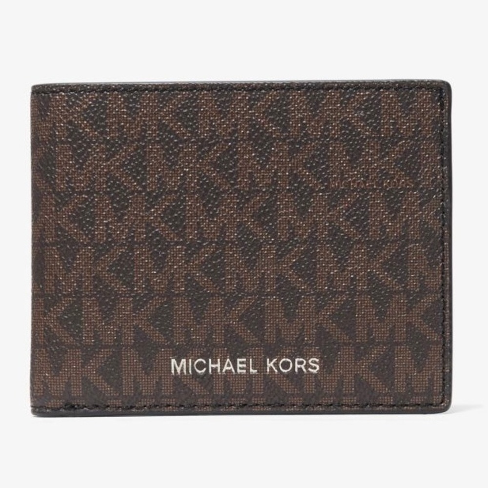 Michael Kors Jet Set Brown Leather Signature Logo Billfold Men’s Wallet Clip $95